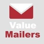 Red envelope icon above the text "Value Mailers" in white and red.