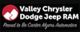 Logo for Valley Chrysler Dodge Jeep RAM, with a red circle and white text on a black background.