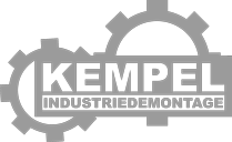 Grau-schwarzes Logo mit Zahnrädern und dem Text "Kempel Industriedemontage".