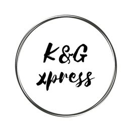 Texto "K&G xpress" en escritura estilizada dentro de un círculo negro sobre fondo blanco.