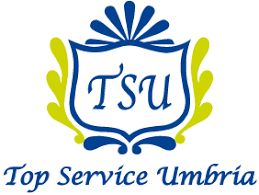Logo di "Top Service Umbria" con iniziali "TSU" in uno stemma blu e verde.