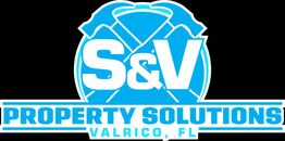 Logo of S&V Property Solutions, Valrico, FL, featuring tools and bold blue text on a black background.