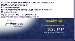 Cartão de visita da Comércio de Portões Curitiba com endereço e contato telefônico.