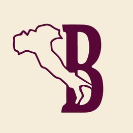 Contorno da Itália ao lado de uma letra "B" em fundo bege.