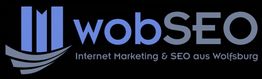 Logo von wobSEO mit dem Text "Internet Marketing & SEO aus Wolfsburg" auf schwarzem Hintergrund.