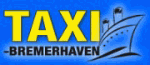 Blauer Hintergrund, gelber Text "TAXI", darunter "BREMERHAVEN", daneben ein stilisiertes Schiff.