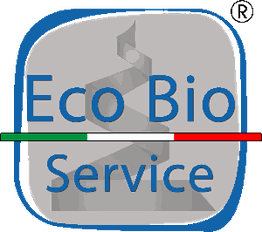 Logo di Eco Bio Service con spirale grigia e linea tricolore italiana.