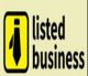 Yellow square with tie icon and words "listed business" in black font.