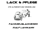 Fahrzeuglackierer-Werbung: "Lack & Pflege", Autoaufbereitung, Zeichnung eines Mannes am Auto.