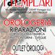 Locandina di un negozio di orologi, con offerte su riparazioni e sconti dal 30% al 50%.