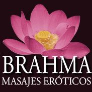 Una flor de loto rosa con texto: "Brahma Masajes Eróticos".