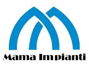 Logo blu di Mama Impianti con due archi stilizzati. Scritta nera sotto.