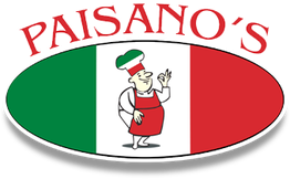 Logo of Paisano's with chef and Italian flag background.