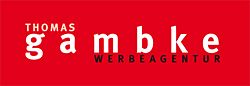 Roter Hintergrund mit weißem Text: "Thomas Gambke Werbeagentur" in Großbuchstaben.