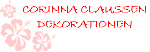 Text "CORINNA CLAUSSEN DEKORATIONEN" in Rot mit Hibiskusblüten in Rosa im Hintergrund.