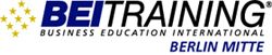BEITRAINING Logo mit Schriftzug "Business Education International Berlin Mitte", gelbe Sterne.