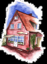 Illustration eines roten Backsteinhauses mit spitzem Dach und blühenden Blumenkästen im Fenster.