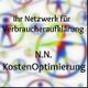 Verschwommene, bunte Strichmännchen und Text: "Ihr Netzwerk für Verbraucheraufklärung, N.N. KostenOptimierung".
