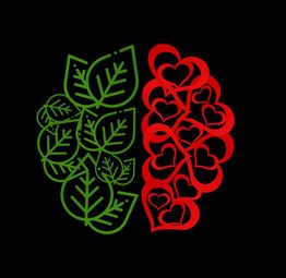 Mitad cerebro hojas verdes, mitad corazones rojos, sobre fondo negro.