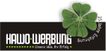 Schwarzes Logo mit "Hawo-Werbung" und grünem Kleeblatt, Text "Unsere Idee für Erfolg" darunter.