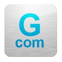 Blaues "G.com"-Logo auf silbernem Hintergrund, quadratische Form mit abgerundeten Ecken.