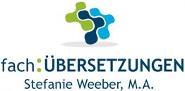 Logo mit abstraktem Muster und Text: "fach:ÜBERSETZUNGEN Stefanie Weber, M.A."