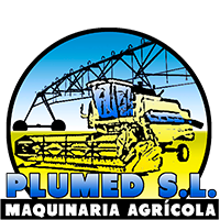 Logotipo de Plumed S.L., maquinaria agrícola, con ilustración de cosechadora y riego.