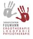 Zwei Handabdrücke, grau und rot, mit dem Text: Therapiezentrum Fugmann Ergotherapie Logopädie Physiotherapie.