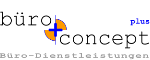 Büroconcept Logo mit blauem Pluszeichen und orangefarbenem Halbkreis. Text: "Büro-Dienstleistungen".