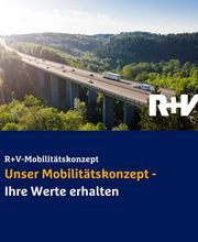 Landschaft mit Autobahnviadukt, Lkw und Bäumen. Text: "Unser Mobilitätskonzept - Ihre Werte erhalten".