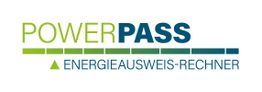 POWERPASS Logo: Energieausweis-Rechner in Grün und Blau mit Farbbalken.