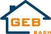 Logo mit einem blauen Hausriss, Text "GEB" in Orange, darunter "Bach" in kleinerer Schrift.