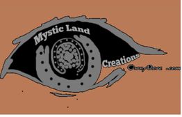 Stylized eye logo with "Mystic Land Creations" text in gray on a brown background.
