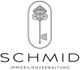 Schwarz-weißes Logo mit einem dekorativen Schlüssel und der Aufschrift "Schmid Immobilienverwaltung".
