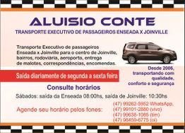 Cartão de transporte executivo Aluisio Conte com horários, contatos e imagem de carro à direita.