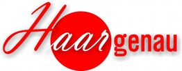 Roter Kreis mit Schriftzug "Haargenau" in roten und weißen Buchstaben vor weißem Hintergrund.