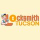Cartoon locksmith holding a key next to the text "Locksmith Tucson" on a light background.