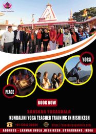 Group at a temple and yoga activities, promoting Kundalini yoga training in Rishikesh.