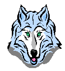 Blauer Wolf mit grünen Augen und offenem Mund, Zeichnung auf weißem Hintergrund.