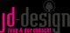 Logo mit Text: "jd-design, jung & durchdacht" in Pink und Grau auf schwarzem Hintergrund.