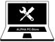 Ein Laptop mit einem Schraubenschlüssel und Schraubendreher, darunter der Text "ALPHA PC-Store".