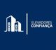Logotipo com desenhos de prédios e texto "Elevadores Confiança" em fundo azul.