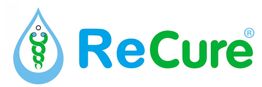 Logo mit blauem Tropfen, Menschenfigur, grünem Stab, Text "ReCure" in Blau und Grün.
