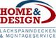 Logo: "HOME & DESIGN", Lackspanndecken & Montageservice, mit blau-rotem grafischem Element.