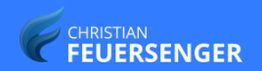 Blaues Logo mit Schriftzug "Christian Feuersenger" und einem stilisierten Flammen-Symbol.
