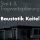 Schwarz-weißes Gebäude mit Text: "Statik & Tragwerksplanung Baustatik Keitel".