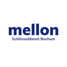 Logo: "mellon" in blau, darunter "Schlüsseldienst Bochum" in kleinerer Schrift.