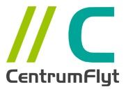 Logo for CentrumFlyt med grønne og blå elementer. Tekst: "CentrumFlyt".