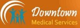 Logo of Downtown Medical Services with abstract human figures on an orange background.
