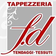 Logo di tappezzeria con testo in rosso su sfondo grigio: "Tappezzeria", "Tendaggi", "Tessuti".